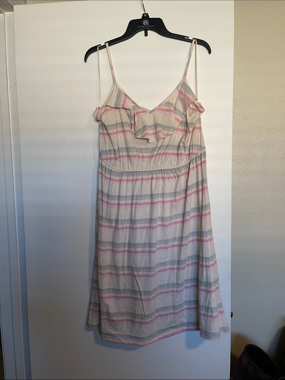 ModCloth Striped Ruffle-Front Spaghetti Strap Dress - Pink & Blue